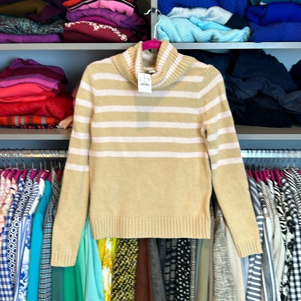 J Crew tan with pink stripes long sleeve turtleneck sweater size XS NWT